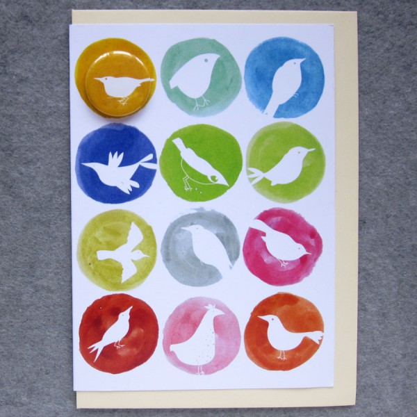 birds badge greetings card with inky spots