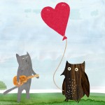 illustrated owl and cat annivesary card