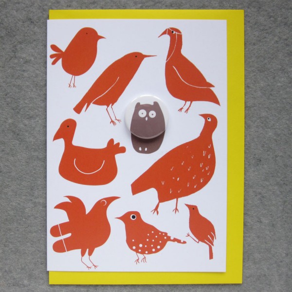 red birds and owl badge card