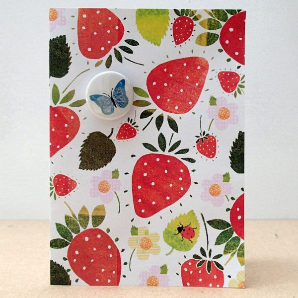 strawberry butterfly badge card handmade by the black rabbit