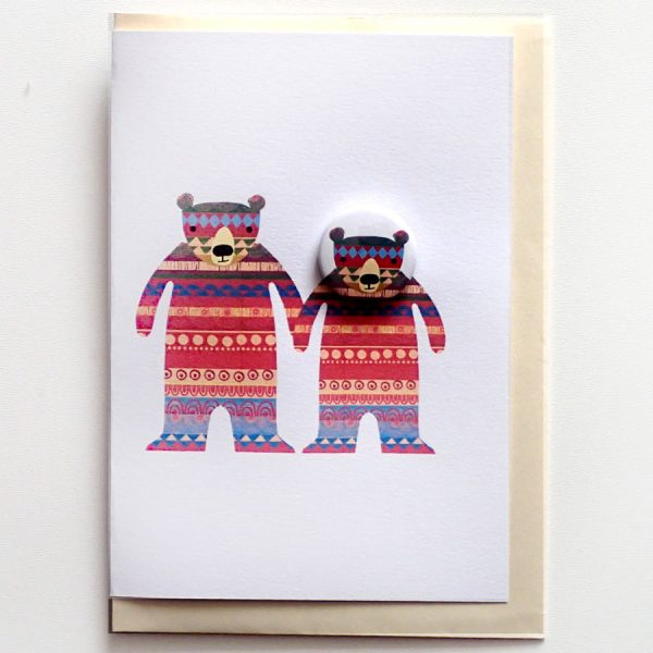 handmade bear badge card with pattern by the black rabbit