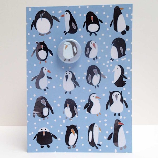 Christmas penguin pin badge greetings card by the black rabbit