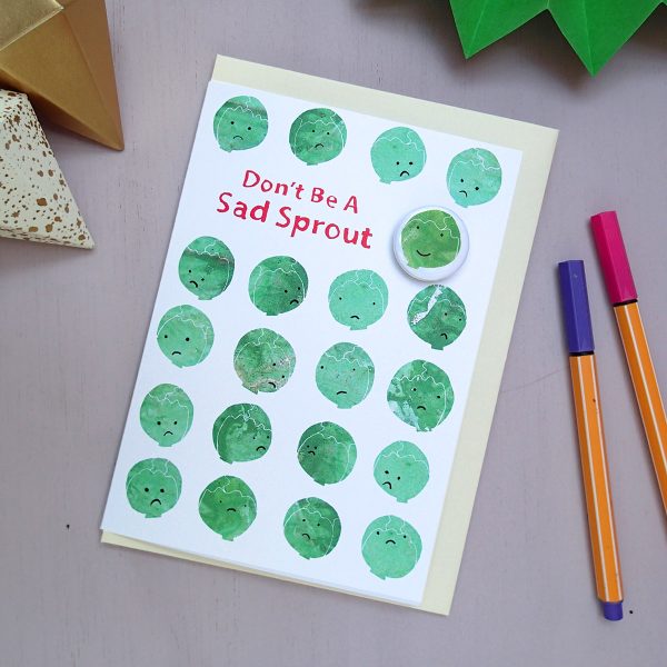 christmas greeting card with sprout pin badge