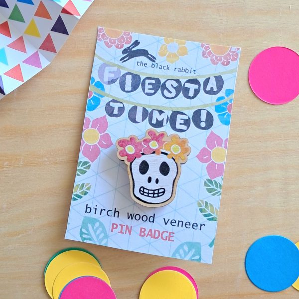 Mexican Skull Fiesta Birch Wood Pin Badge