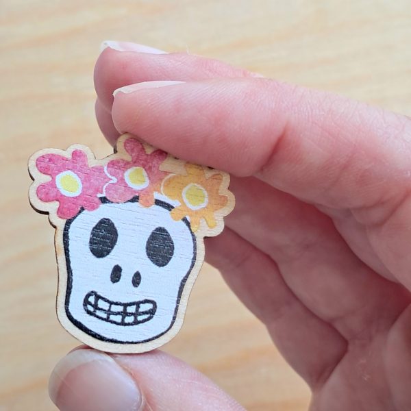 Mexican Skull Fiesta Birch Wood Pin Badge